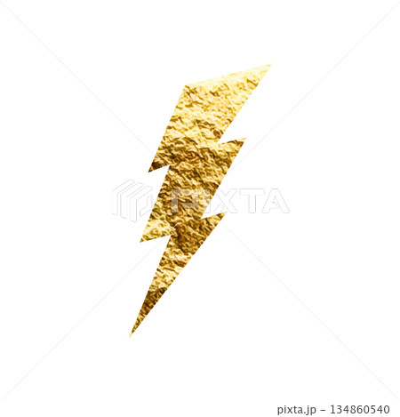 Golden lightning bolt icon. Gold foil texture. Flash symbol, thunderbolt. Simple lightning strike sign. Vector illustration Golden lightning bolt icon. Gold foil texture. Flash symbol, thunderbolt. Simple lightning strike sign. Vector illustration 134860540