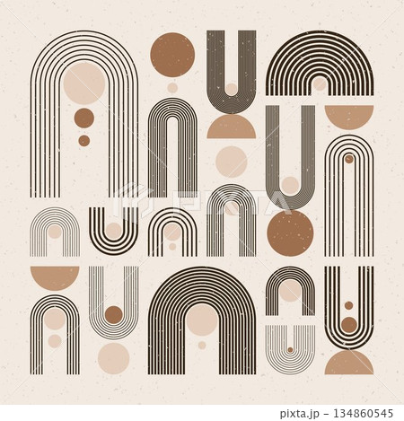 Arch and circle elements, modern geometric shapes. Contemporary design, mid century minimalist art. Trendy design elements for wall decor, posters, books, covers and flyers. Vector illustration 134860545