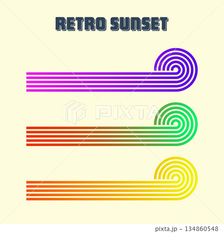 Vintage colorful sunset. Various gradient striped sunrise badges in 80s and 90s style. Sun and ocean view, summer vibes, surfing. Design element for print, logo or t-shirt. Vector illustration Vintage colorful sunset. Various gradient striped sunrise badges in 80s and 90s style. Sun and ocean view, summer vibes, surfing. Design element for print, logo or t-shirt. Vector illustration 134860548