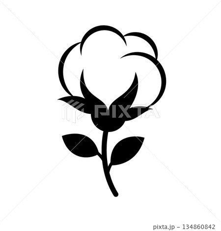 Black cotton flower with stem and leaves. Flat vector icon for minimal agricultural designs or textile product branding 134860842