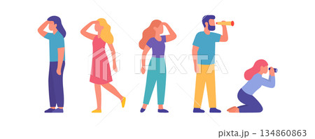 Group of diverse people looking forward with spyglasses or binoculars. Colorful design for teamwork and discovery themes Group of diverse people looking forward with spyglasses or binoculars. Colorful design for teamwork and discovery themes 134860863
