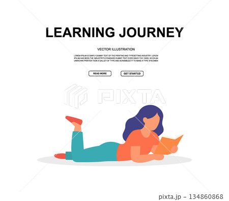 Flat banner with girl reading book while lying on floor. LEARNING JOURNEY headline vector 134860868