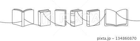 Minimalist contour drawing of open and closed books linked by a single flowing line 134860870