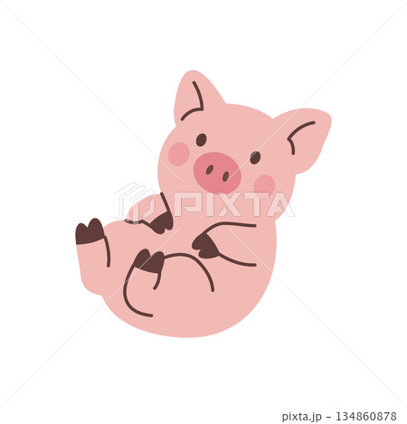 Cute piglet lying on back with smile. Adorable pink pig vector illustration for children, farm animals, nursery art, and playful designs Cute piglet lying on back with smile. Adorable pink pig vector illustration for children, farm animals, nursery art, and playful designs 134860878