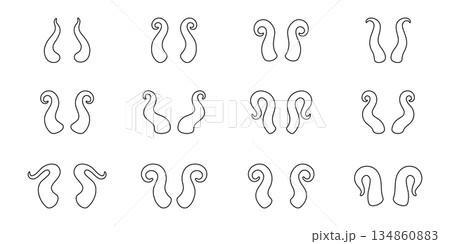 Outline set of fantasy horns. Decorative curved animal horn drawings for tattoo, tribal, monster, and illustration themes Outline set of fantasy horns. Decorative curved animal horn drawings for tattoo, tribal, monster, and illustration themes 134860883