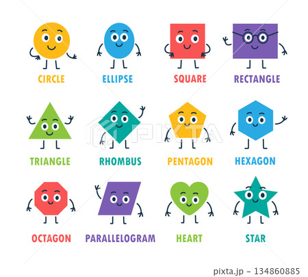 Complete cartoon geometric shapes set. Circle, star, triangle, heart and more colorful characters for children learning Complete cartoon geometric shapes set. Circle, star, triangle, heart and more colorful characters for children learning 134860885