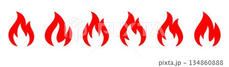 Set of 6 red fire icons isolated on white background. Vector burning flame variations for hot, energy, danger and creative designs 134860888