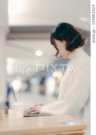 街中でノートパソコンを操作する30代女性 街中でノートパソコンを操作する30代女性 134861024