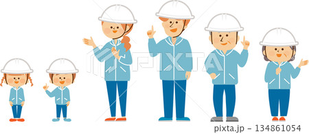 防災　防災ヘルメットをかぶった二世帯家族のイラスト 134861054