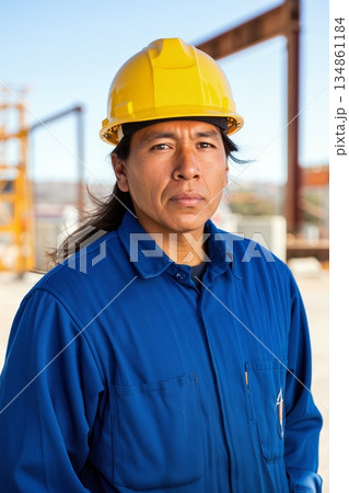 Indigenous native american Construction Worker in Yellow Hardhat and Blue Overalls on Site 134861184