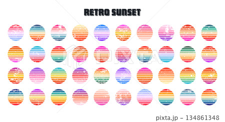 Grunge vintage colorful sunset. Striped gradient sunrise badges in 80s and 90s style. Sun and ocean view, summer vibes, surfing. Design element for print, logo or t-shirt. Vector illustration 134861348