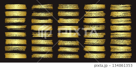 Golden brush strokes, lines, ink smudges, hand-drawn scribble shapes. Handmade sketchy marks, acrylic stains, charcoal streaks. Paint textures, dry brush effect. Marker underline. Vector illustration 134861353