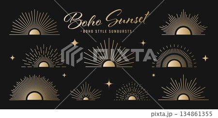Vintage golden sunburst, sunset beams collection. Boho style, modern minimalist bohemian design. Hand drawn bursting sun, light rays. Logotype or lettering retro design element. Vector illustration Vintage golden sunburst, sunset beams collection. Boho style, modern minimalist bohemian design. Hand drawn bursting sun, light rays. Logotype or lettering retro design element. Vector illustration 134861355