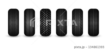 Rubber tires silhouettes. Car, truck, and motorcycle wheels, tread pattern designs. Perfect for automotive, racing, and motorsport themes, repair service and transport industry. Vector illustration 134861393