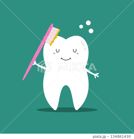 Cute Cartoon Tooth Character Brushing with a Pink Brush. 134861430