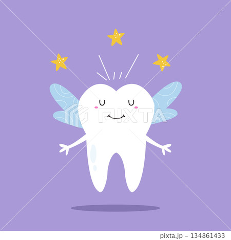 Cute Cartoon Tooth Fairy Character with Wings and Stars 134861433