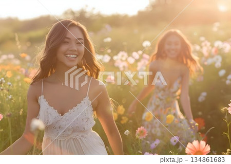 Smiling sister flowy dresses running colorful spring flowers 134861683