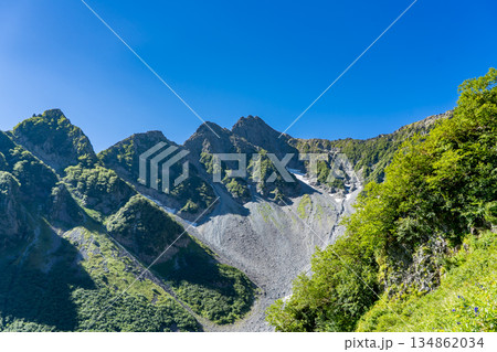 北穂高岳の登山道から見上げる前穂高岳と涸沢カール　北アルプスの北穂高岳登山 134862034