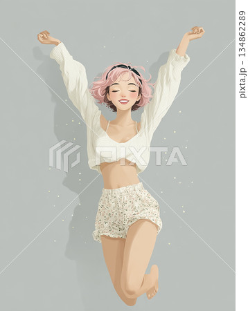 絵美シリーズ：両手を広げてジャンプするピンク髪の若い女性イラスト｜前向き・ポジティブな女性向け挿絵 134862289