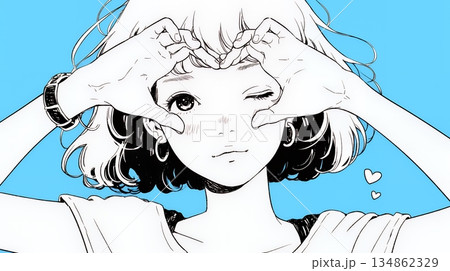 ハートマークを手で作り愛情表現をしている若い女性（シンプルな色使い）