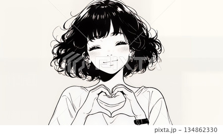 ハートマークを手で作り愛情表現をしている若い女性（シンプルな色使い）