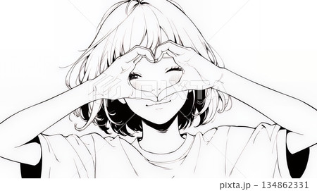 ハートマークを手で作り愛情表現をしている若い女性（シンプルな色使い）