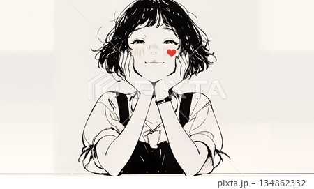 ハートマークを手で作り愛情表現をしている若い女性（シンプルな色使い）