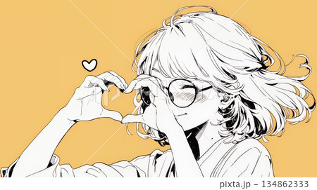 ハートマークを手で作り愛情表現をしている若い女性（シンプルな色使い）