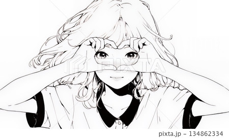 ハートマークを手で作り愛情表現をしている若い女性（シンプルな色使い）