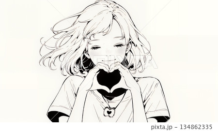 ハートマークを手で作り愛情表現をしている若い女性（シンプルな色使い）