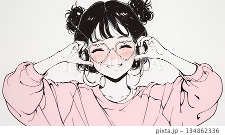 ハートマークを手で作り愛情表現をしている若い女性（シンプルな色使い）