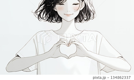 ハートマークを手で作り愛情表現をしている若い女性（シンプルな色使い）