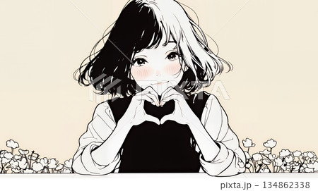 ハートマークを手で作り愛情表現をしている若い女性（シンプルな色使い）