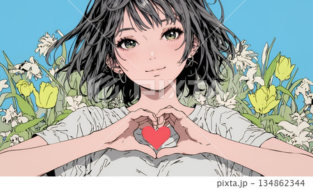 ハートマークを手で作り愛情表現をしている若い女性