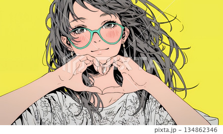 ハートマークを手で作り愛情表現をしている若い女性