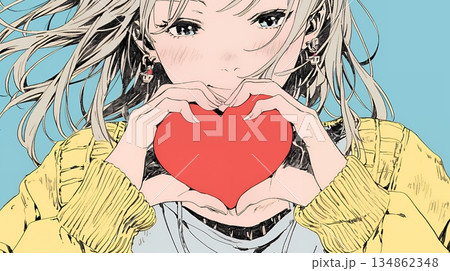 ハートマークを手で作り愛情表現をしている若い女性