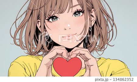 ハートマークを手で作り愛情表現をしている若い女性