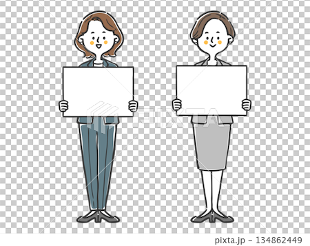 職業婦女手持白板，全身向量圖 134862449