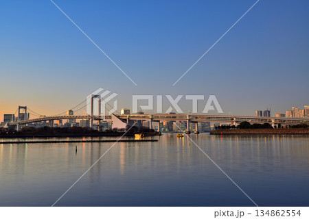 お台場海浜公園 レインボーブリッジと船着き場の夕景 お台場海浜公園 レインボーブリッジと船着き場の夕景 134862554