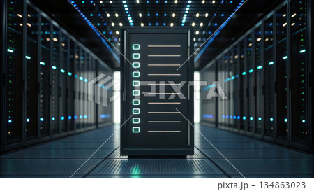 Modern data server rack in high tech data center with illuminated indicators and sleek design 134863023