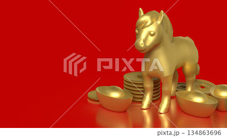 Golden Horse Statue with Chinese Gold Ingots on Red Background 3d render. Golden Horse Statue with Chinese Gold Ingots on Red Background 3d render. 134863696