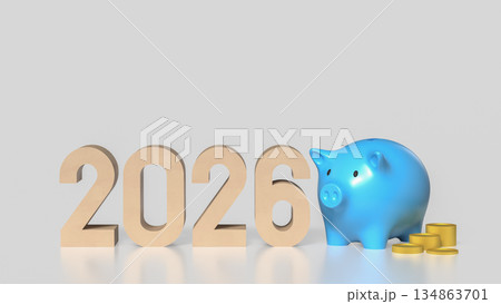 2026 Financial Planning Concept with Blue Piggy Bank and Coins 3d render. 134863701