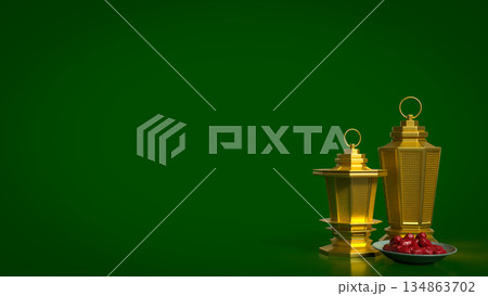 Golden Ramadan Lanterns with Dates on Green Background 3d render. Golden Ramadan Lanterns with Dates on Green Background 3d render. 134863702