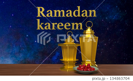 Ramadan Kareem Greeting with Golden Lanterns and Dates 3d render. 134863704