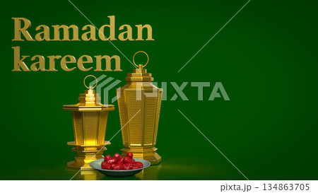 Ramadan Kareem Greeting with Golden Lanterns on Green Background 3d render. 134863705