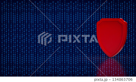 Red Cybersecurity Shield on Binary Data Background 3d render. 134863706