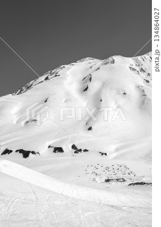 室堂平から雷鳥沢と別山乗越を見上げる　残雪期の北アルプス立山・別山登山　新聞広告用 134864027