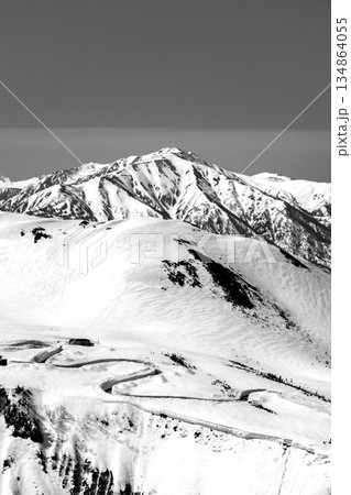 奥大日岳の肩から見る薬師岳と雪の大谷　残雪期の北アルプス奥大日岳登山　新聞広告用 134864055