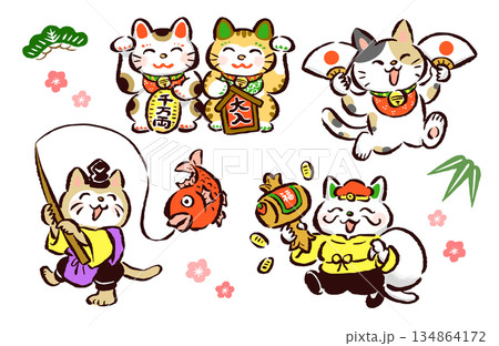 福を呼ぶ猫のイラストセット 招き猫・鯛・打ち出の小槌・扇子 福を呼ぶ猫のイラストセット 招き猫・鯛・打ち出の小槌・扇子 134864172