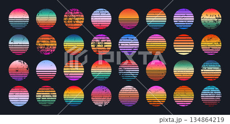 Grunge vintage colorful sunset. Striped gradient sunrise badges in 80s and 90s style. Sun and ocean view, summer vibes, surfing. Design element for print, logo or t-shirt. Vector illustration 134864219
